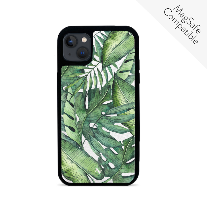 MAAD Tropical Plants Creta iPhone 13 Mini Leather Case in vegan saffiano leather with rubber rim, showcasing personalization options.